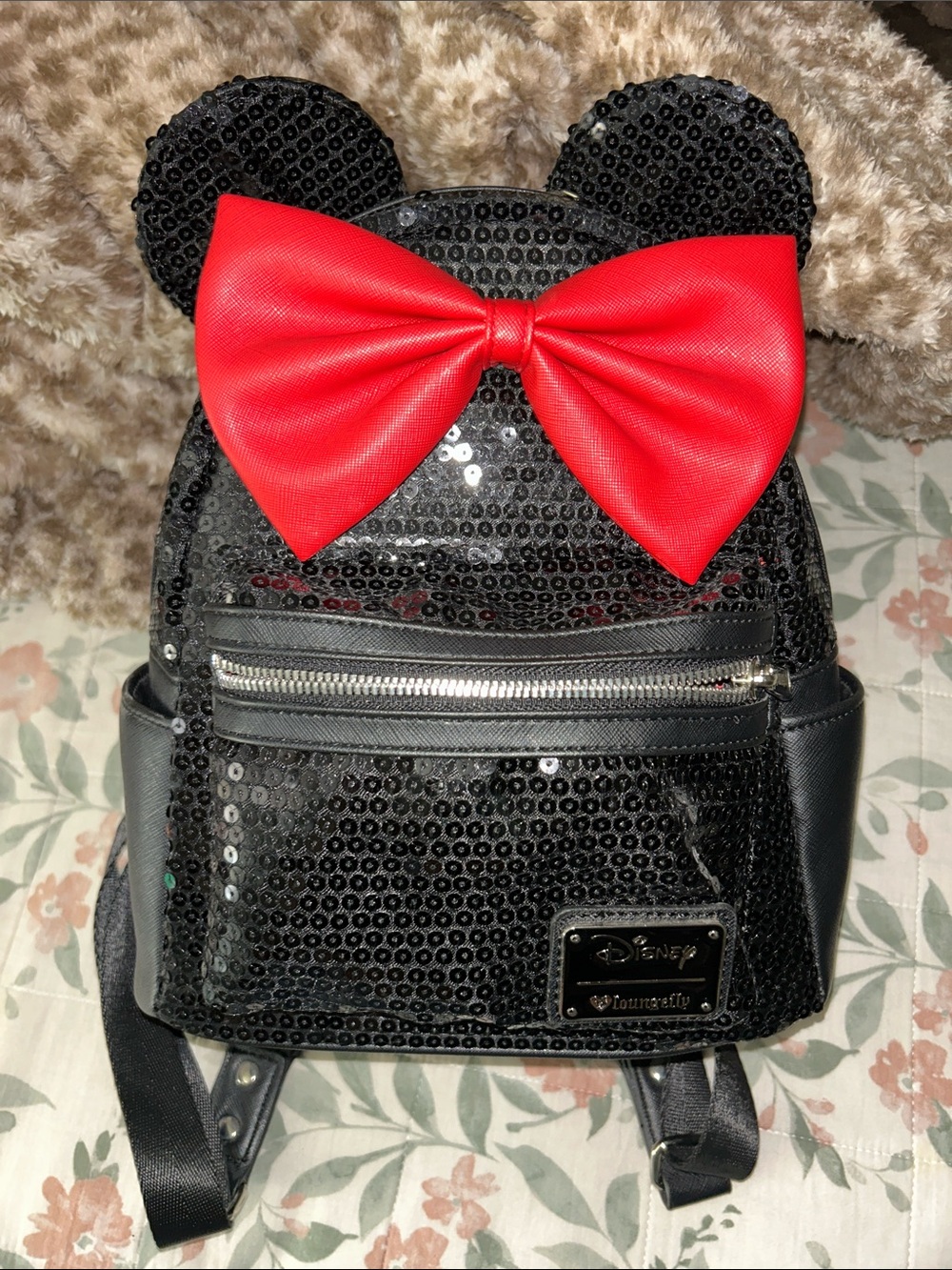 Loungefly Black Sequin Mini Backpack with Red Bow and Ears